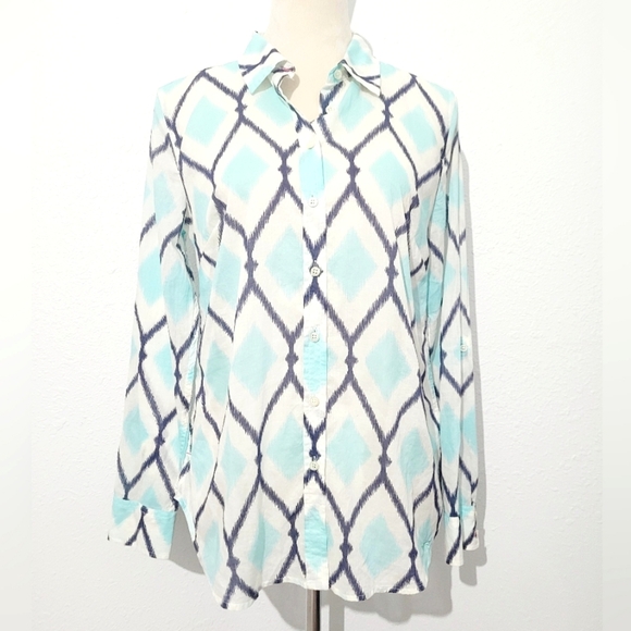 Talbots Women Small Button Front Shirt Blue White Diamond Ikat Print 100% Cotton - Picture 1 of 10